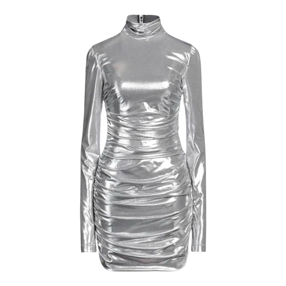 Dolce & Gabbana Dress Women's‎ Size 46 Silver Ruched Metallic Luxury Designer